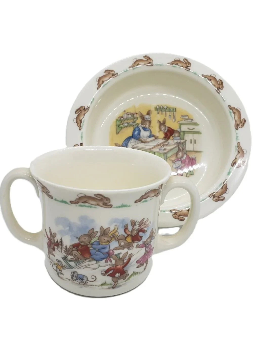 Vintage Royal Doulton Bunnykins 2 Handled Cup 6in Cereal Bowl Set Winter Xmas